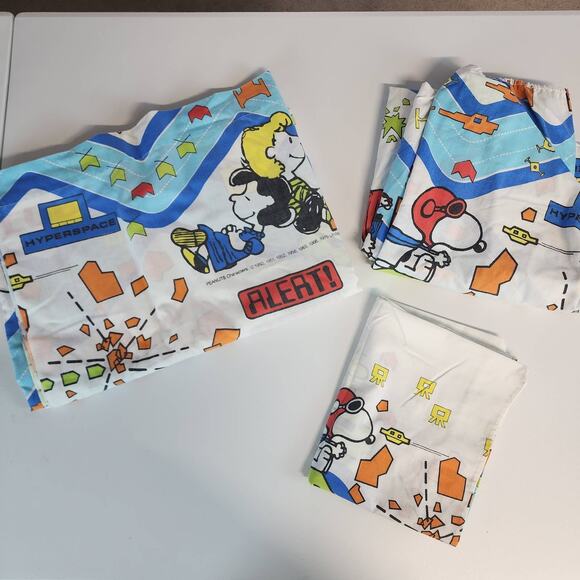 Vintage 70s Peanuts Hi Score Race Twin Sheet Set 3Pc Snoopy Charlie Brown Lucy - Picture 1 of 16